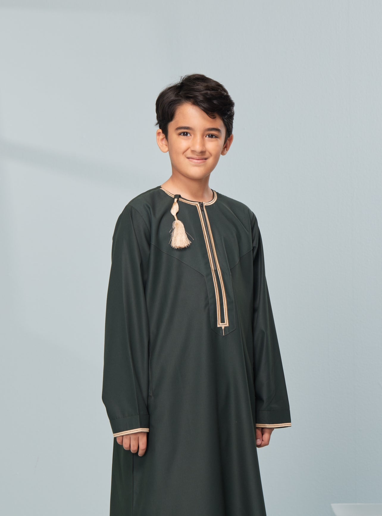 Kids Embroidered Green Thobe with Gold Tassel Ages 3-13 boys thobes