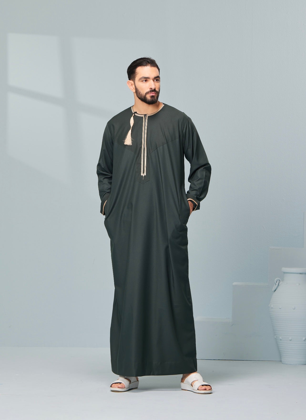 Men's Omani Style Thobe in green Omaar, embroidered thobeluxe authentic saudi thobes, premium thobes