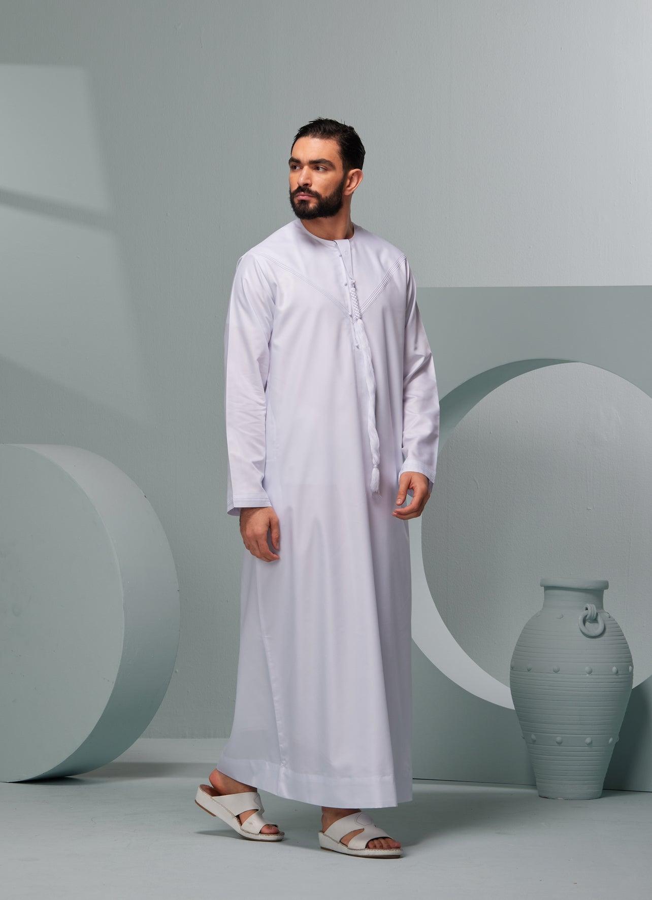 Men's Premium Thobe in White with Tassel Saudi Thobe tassle