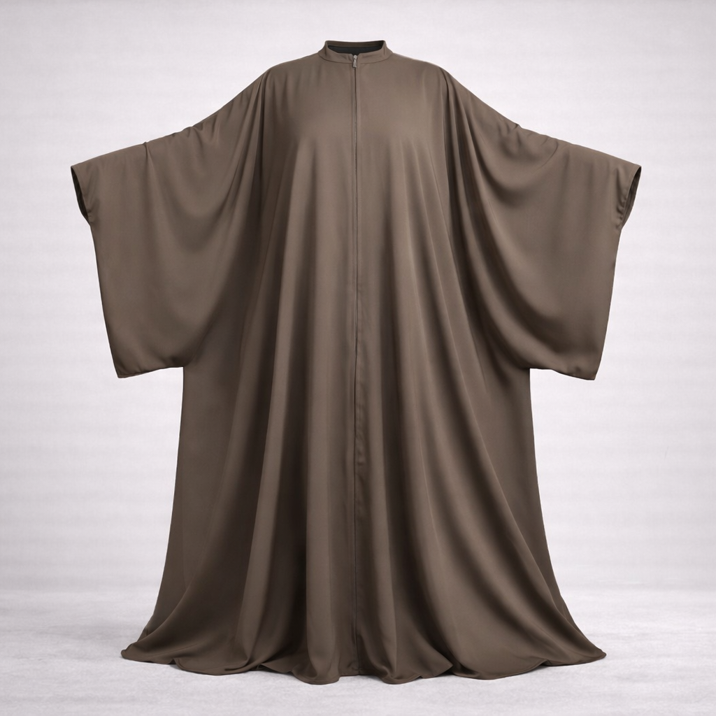 taupe long abaya with wide batwing-like sleeves on a white background