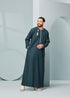 Men's Omani Style Thobe in Teal with Silver Tassel Omaar, our stylish mens embroidered Omani style thobe! thobeluxe authentic saudi thobes, premium thobes