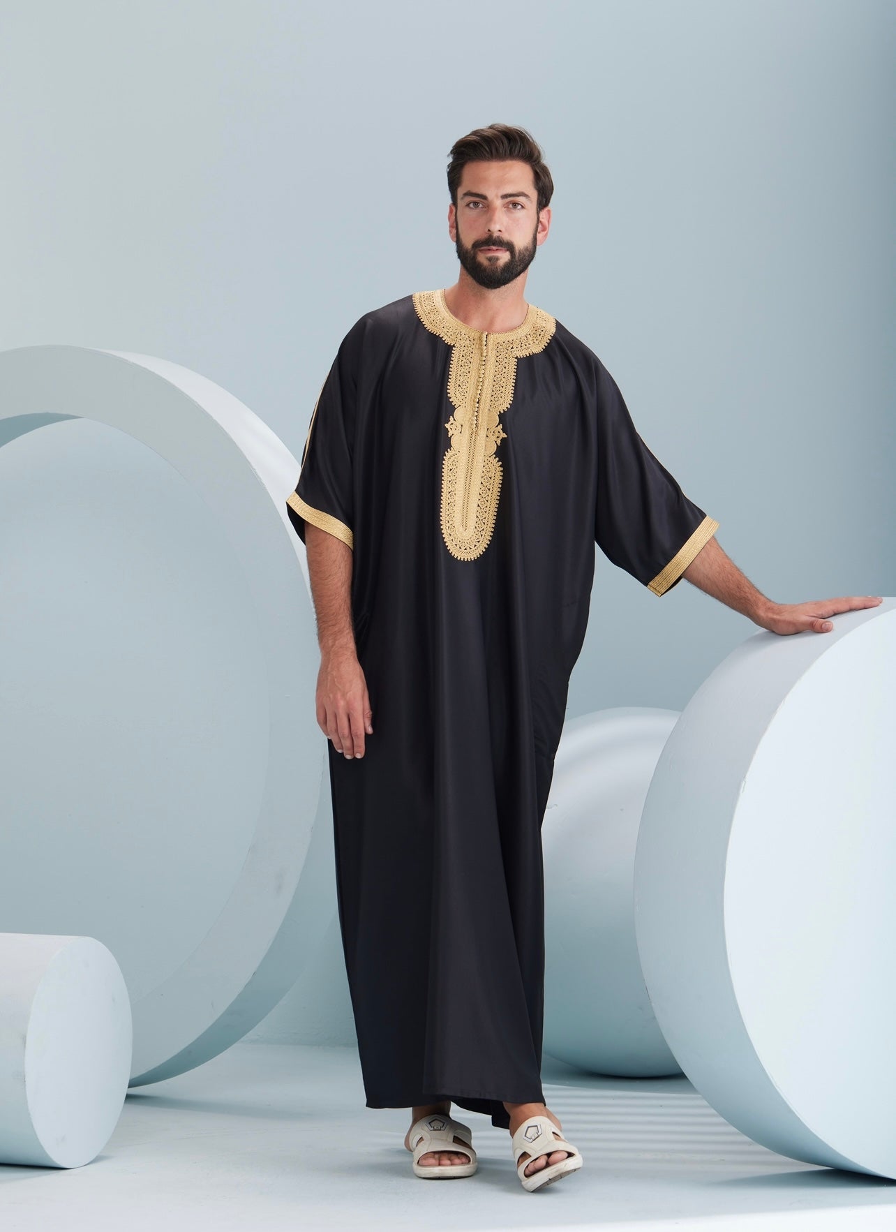 Men's Premium Moroccan Thobe in Black & Gold