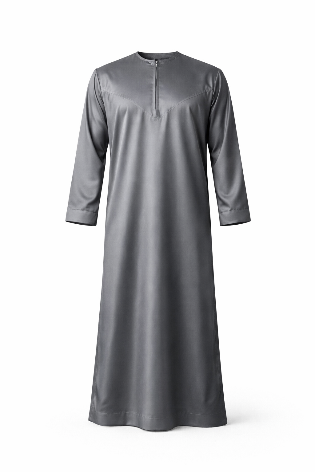 Silky silver Omani Thobe for men on white background