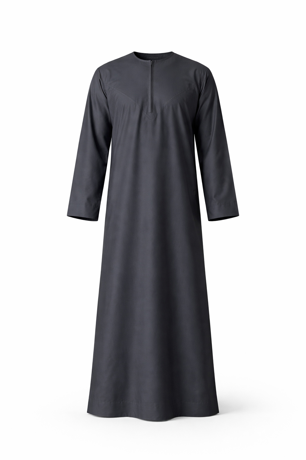 Silky dark grey Omani Thobe for men on white background