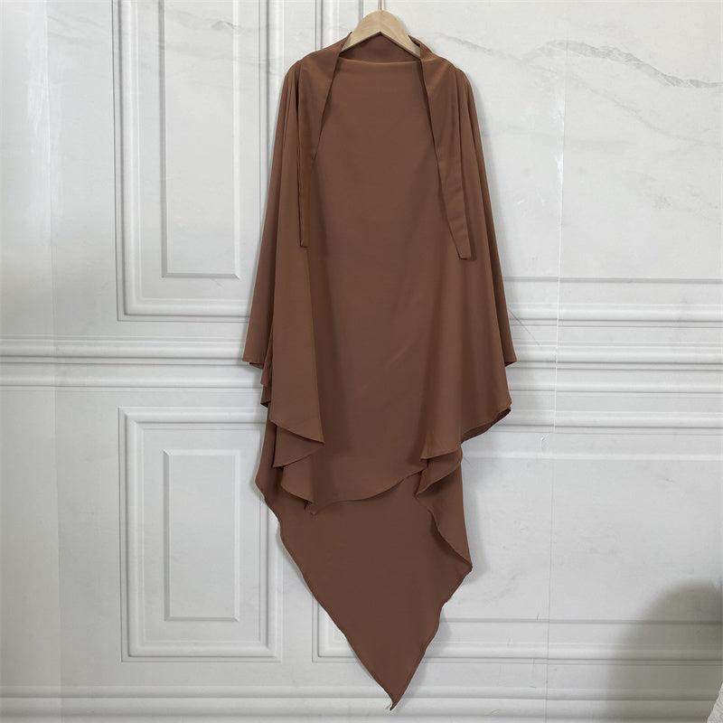 Thobeluxe Premium Nidha Khimar lightweight, breathable, and drapes and is comfortable. Colour caramel
