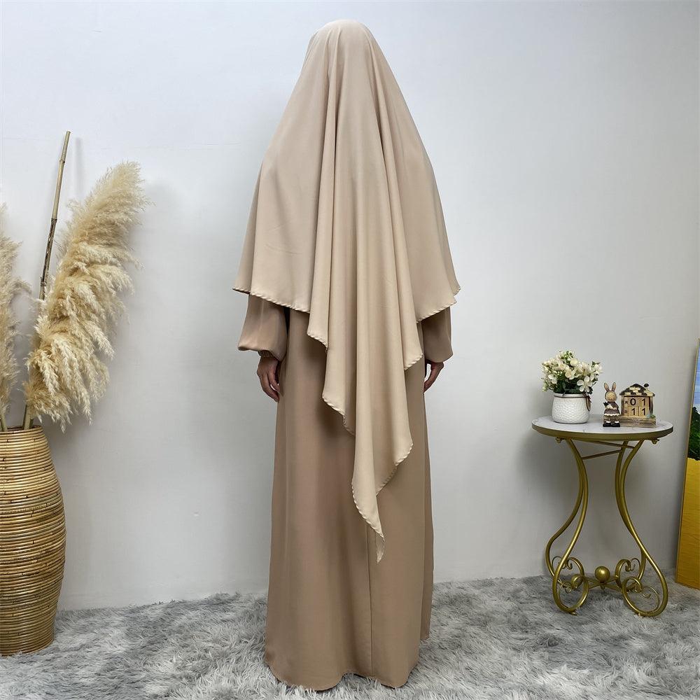 Thobeluxe Premium Nidha Khimar lightweight, breathable, and drapes and is comfortable. Colour Nude