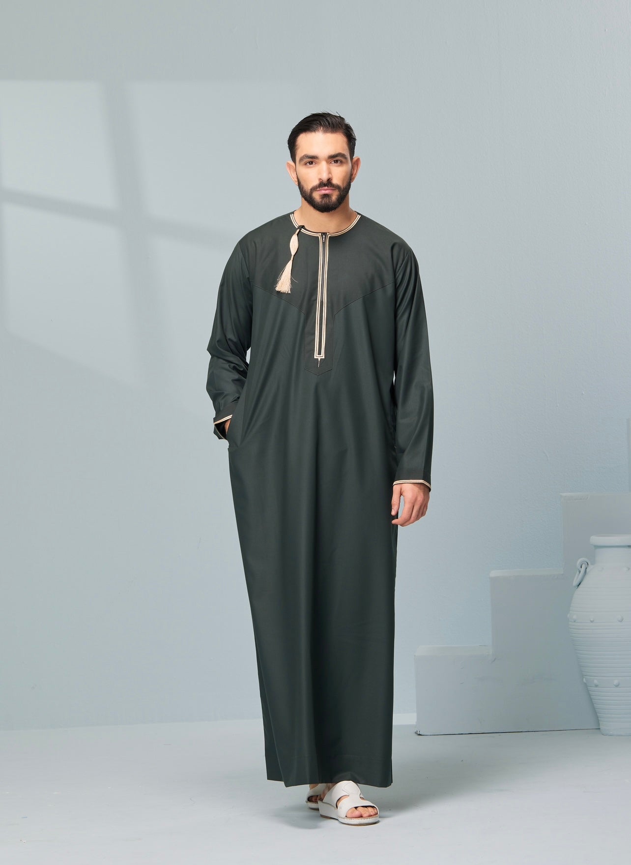 Men's Omani Style Thobe in green Omaar, embroidered thobeluxe authentic saudi thobes, premium thobes