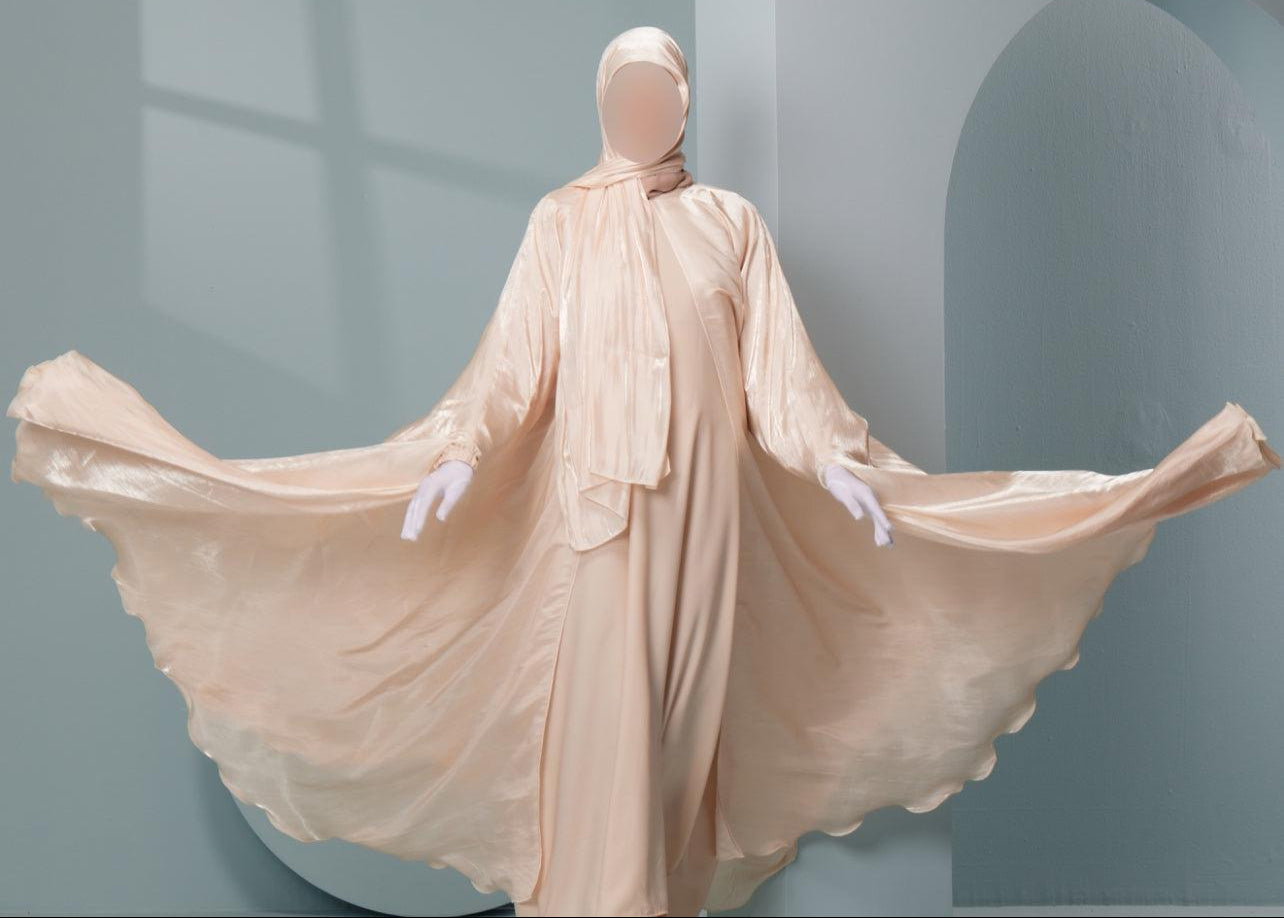 Women's Luxury Kaftan Style Abaya Set with scarf in peach, trending abayas