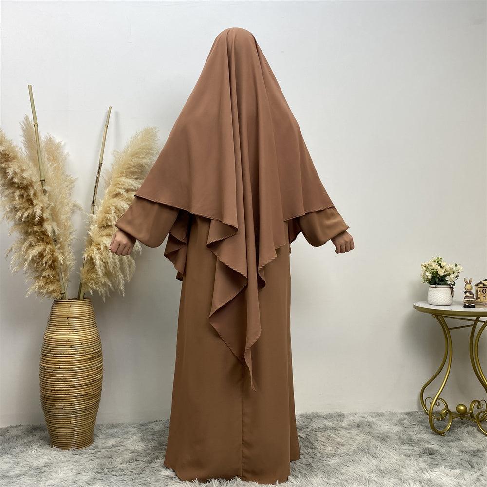 Thobeluxe Premium Nidha Khimar lightweight, breathable, and drapes and is comfortable. Colour caramel