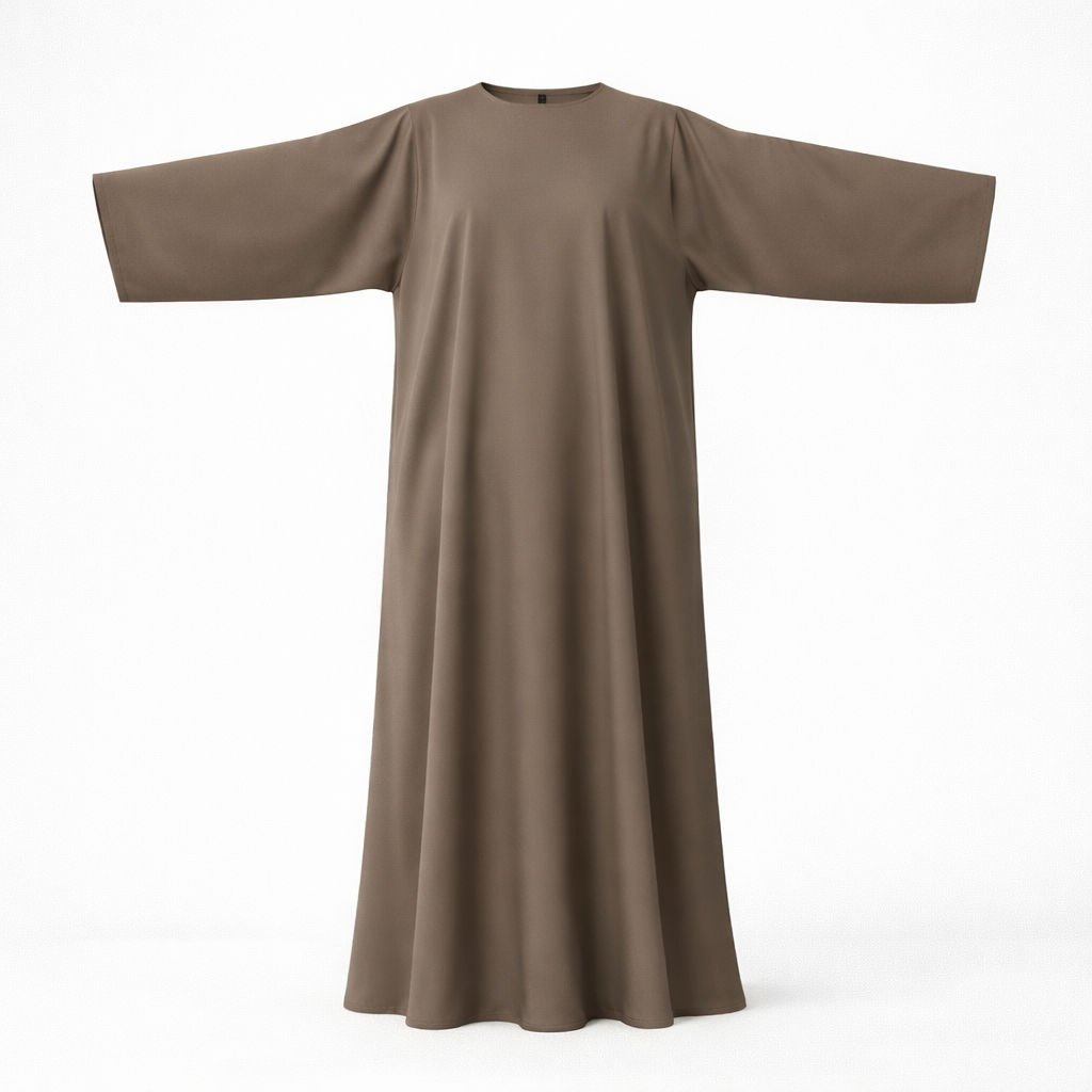 taupe abaya with long sleeves on a white background