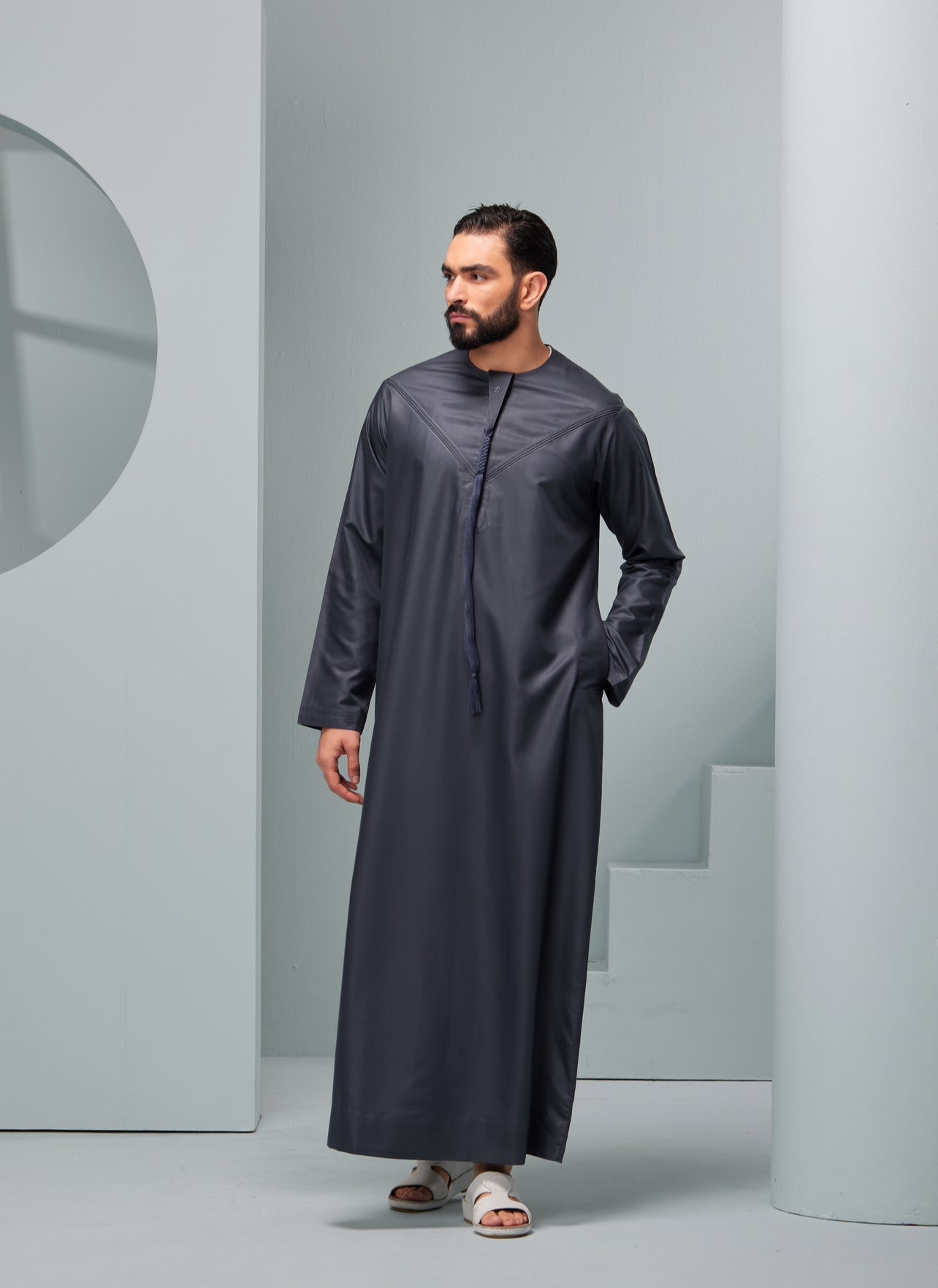 Men's Premium Emaar Thobe in Grey, Emaar, luxurious Emirati style thobe made in the UAE cotton Men's Luxury Thobes Thobes Authentic Saudi Thobes by Thobeluxe