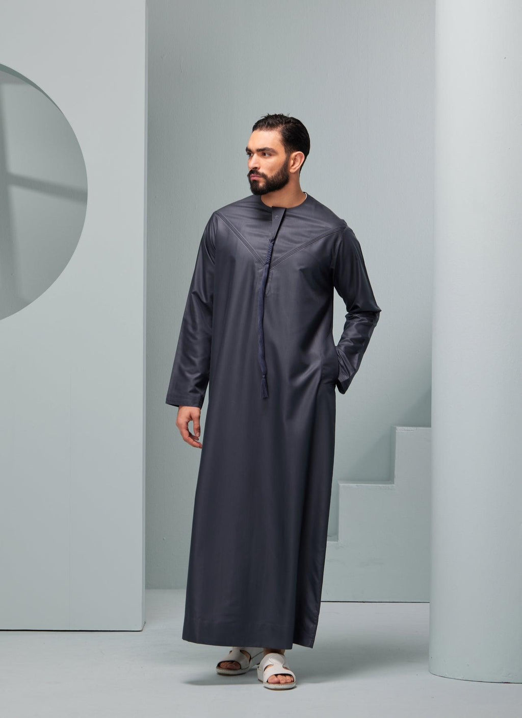 Men's Premium Emaar Thobe in Grey, Emaar, luxurious Emirati style thobe made in the UAE cotton Men's Luxury Thobes Thobes Authentic Saudi Thobes by Thobeluxe