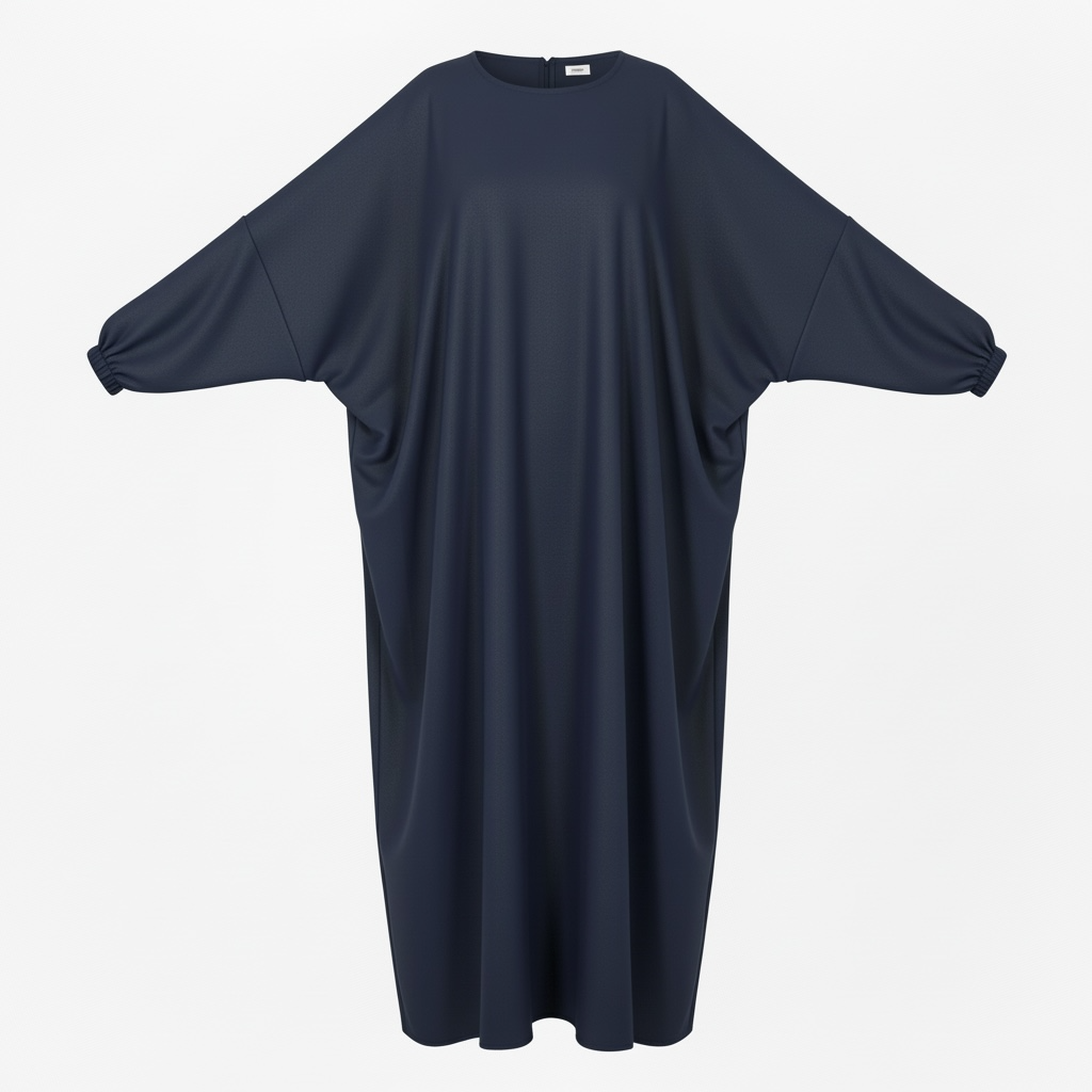 Navy blue abaya with wide sleeves on a white background