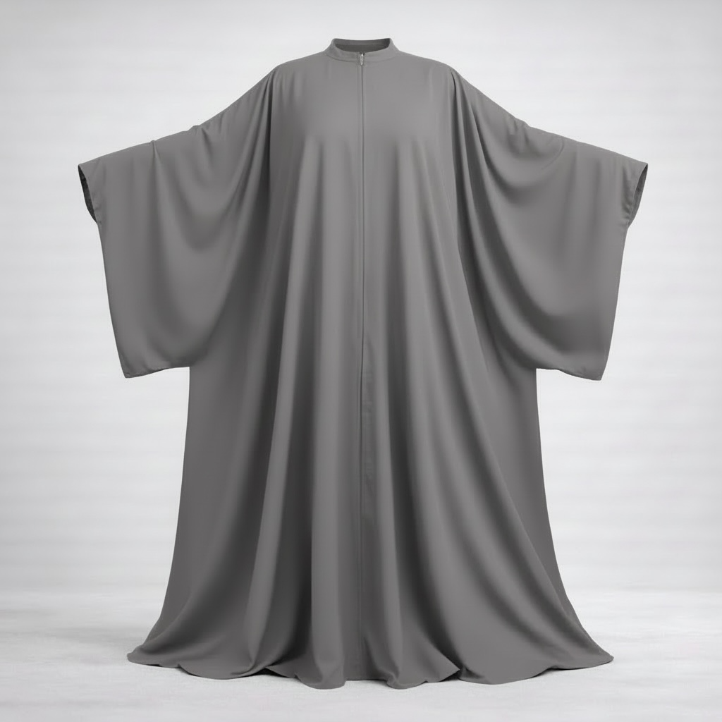 grey long abaya with batwing-like sleeves on a white background