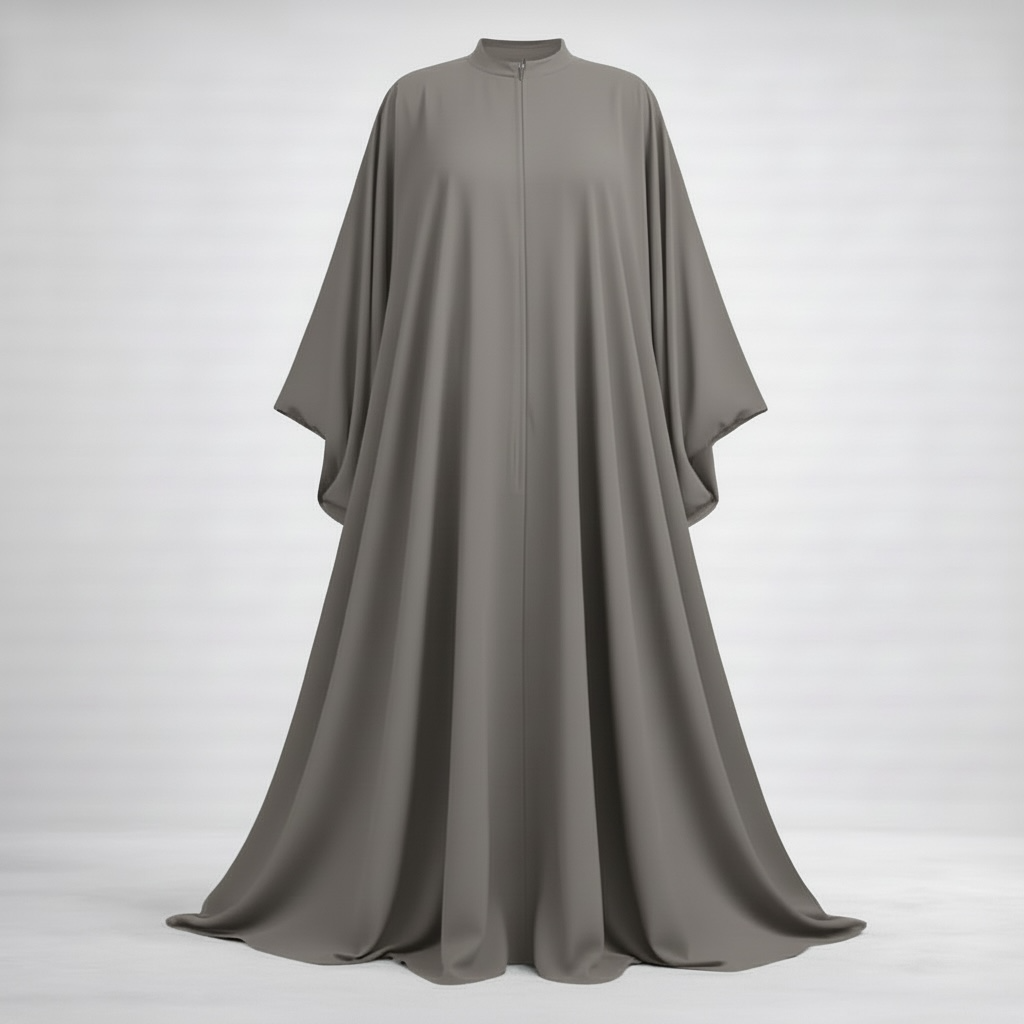 grey long abaya with batwing-like sleeves on a white background
