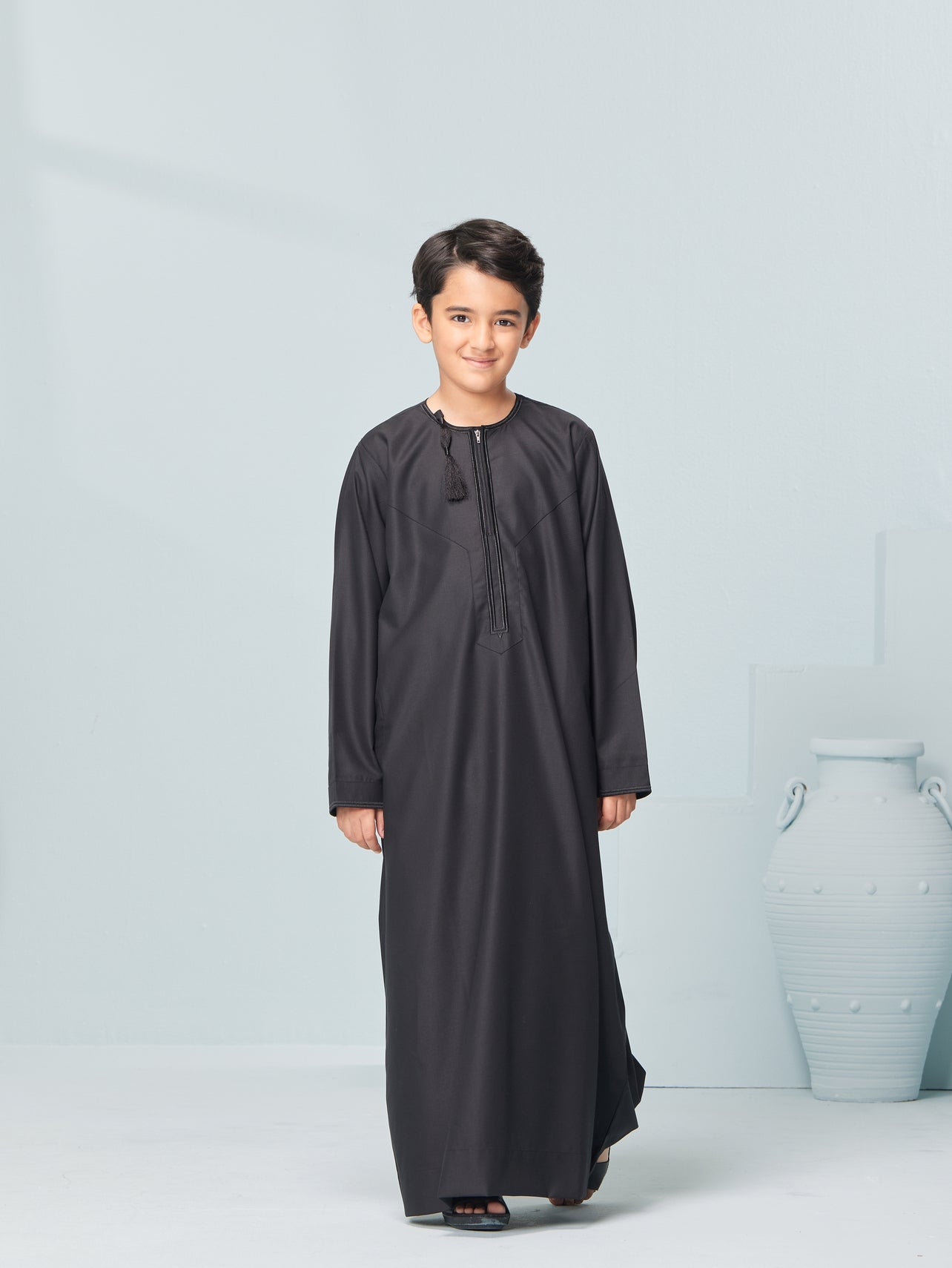 Kids Embroidered Black Thobe with Black Tassel Ages 3-13 Kids Omaar thobe in Black