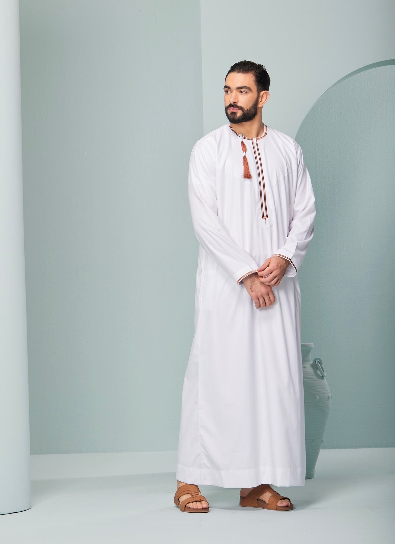 Men's Omani Style Thobe in White with Copper Tassel