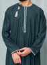 Men's Omani Style Thobe in Teal with Silver Tassel Omaar, embroidered thobeluxe authentic saudi thobes, premium thobes