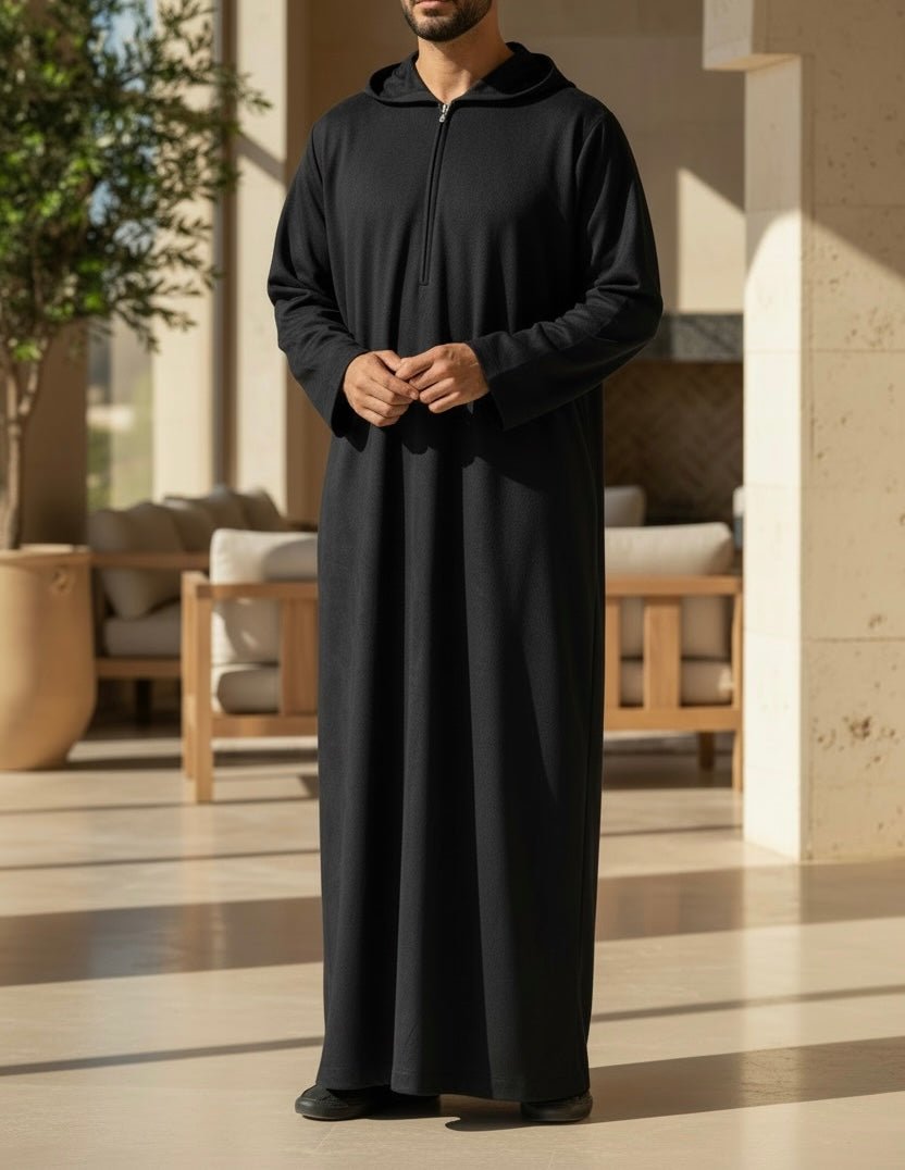 Premium Hooded Suede Thobe Midnight Black