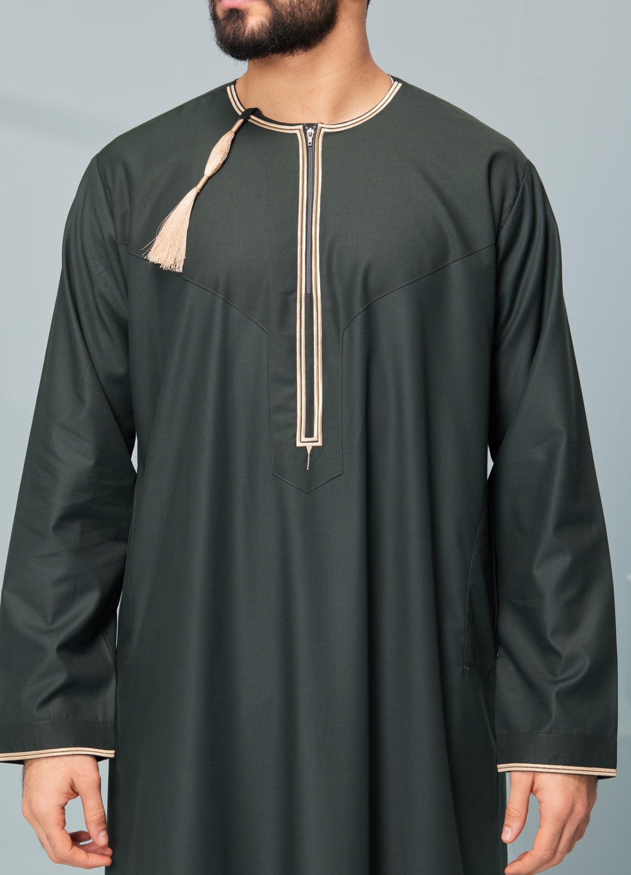 Men's Omani Style Thobe in green Omaar, embroidered thobeluxe authentic saudi thobes, premium thobes