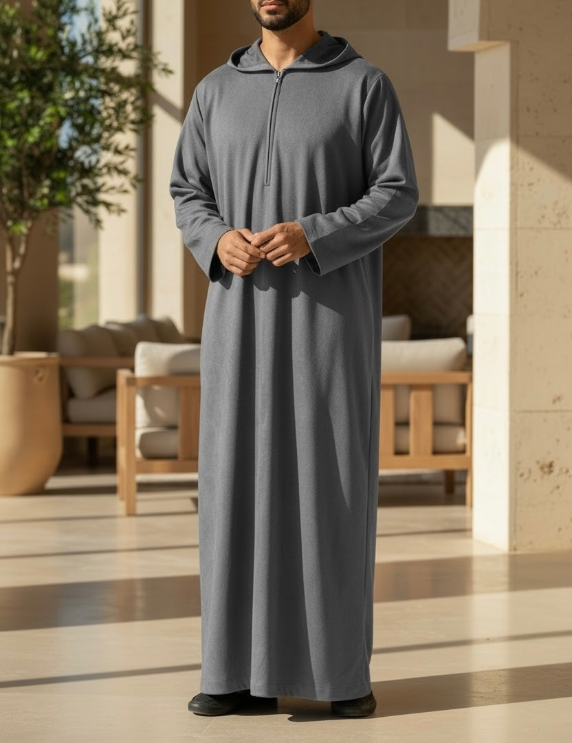 Premium Hooded Suede Thobe Grey