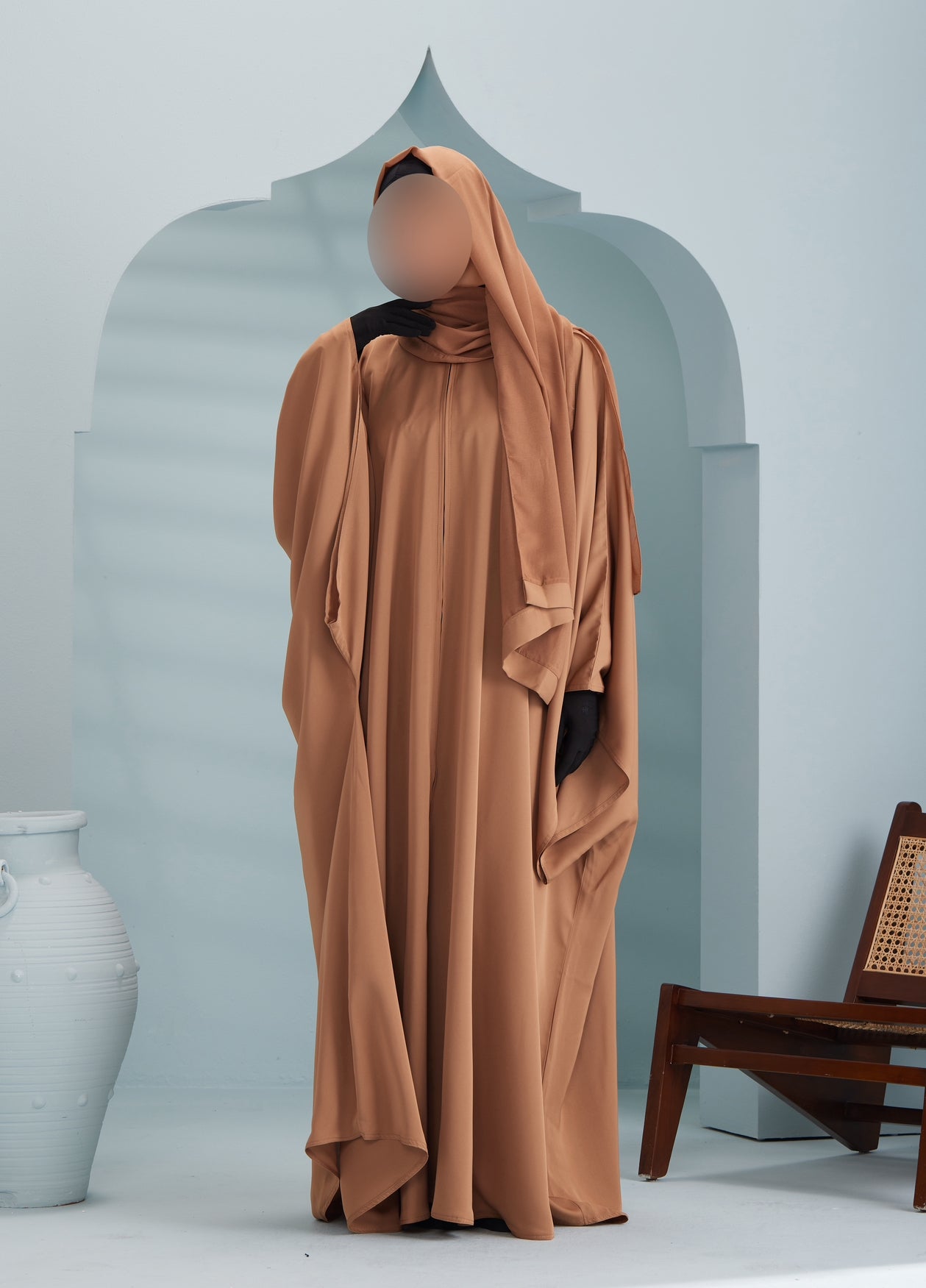 Women's Premium Batwing Abaya with Scarf in Caramel Discover Sobha, premium everyday batwing/butterfly caramel abaya with a matching chiffon scarf