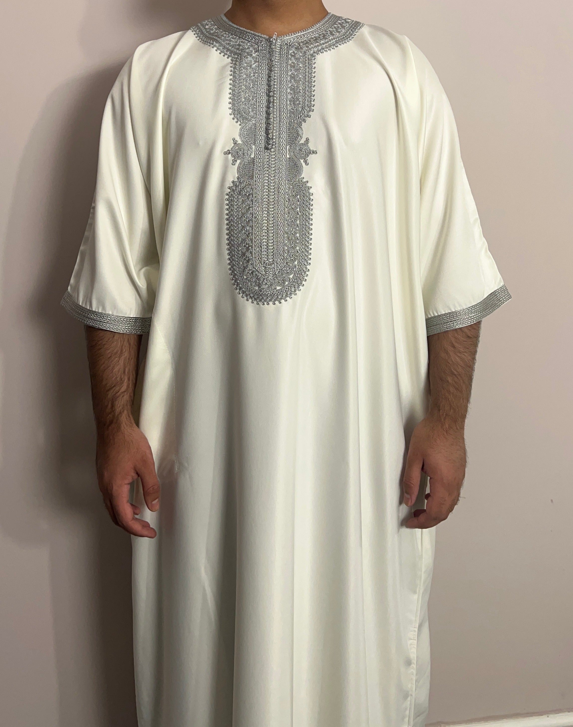 Men's Othman White and Silver Premium Moroccan Thobe by Thobeluxe