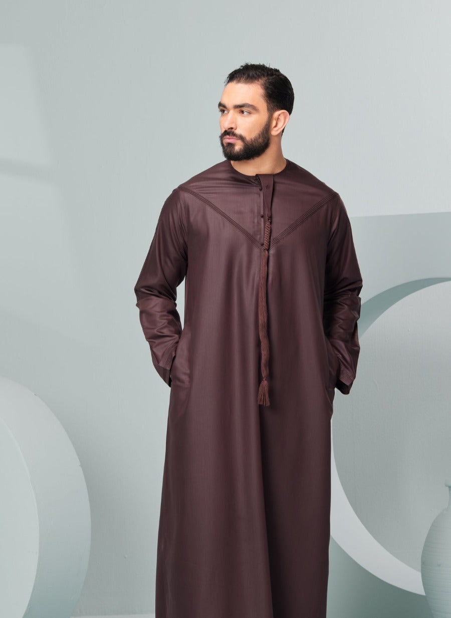 Men's Premium Emaar Thobe in Chestnut Brown with Tassel Thobeluxe