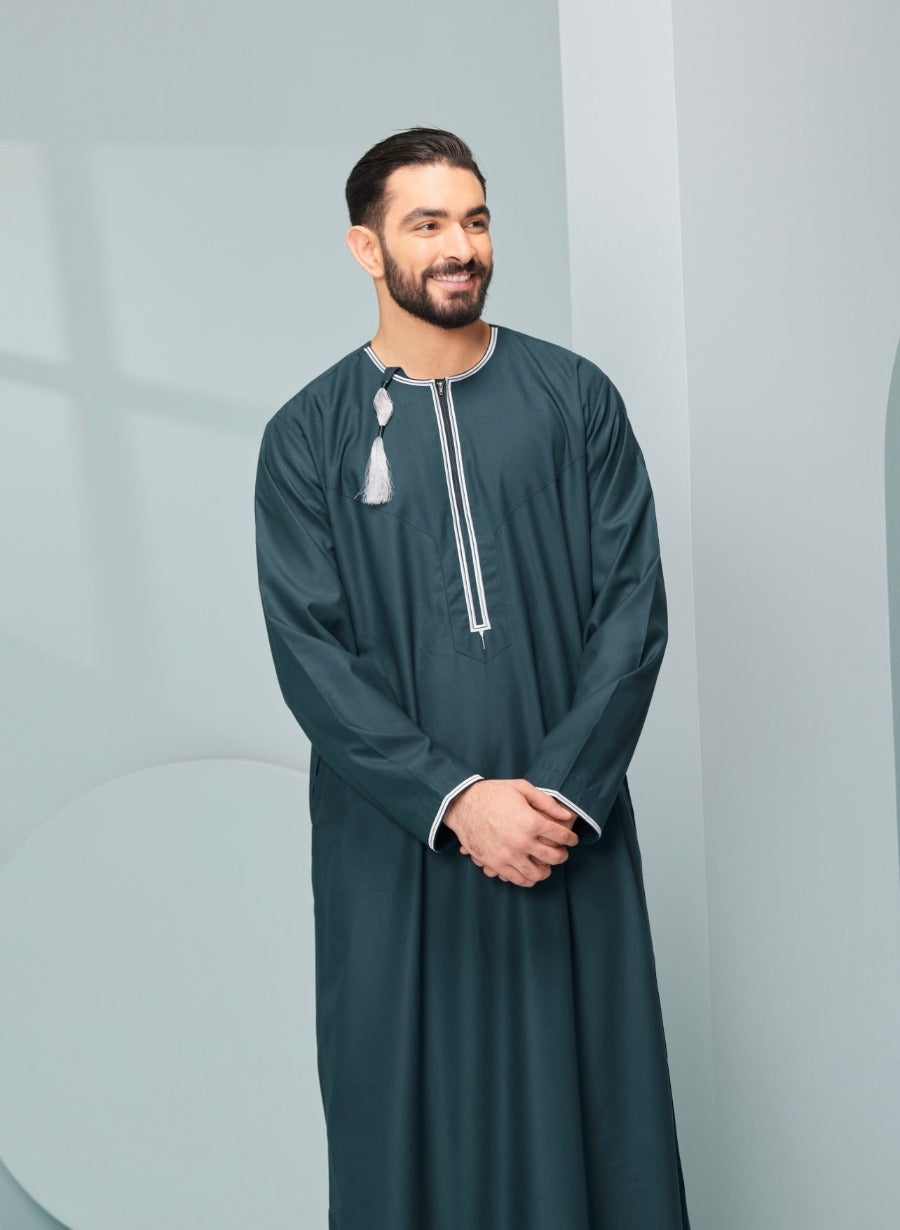 Men's Omani Style Thobe in Teal with Silver Tassel Omaar, embroidered thobeluxe authentic saudi thobes, premium thobes