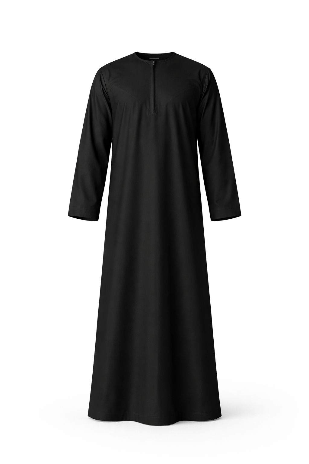 Black thobe for men with long sleeves on a white background