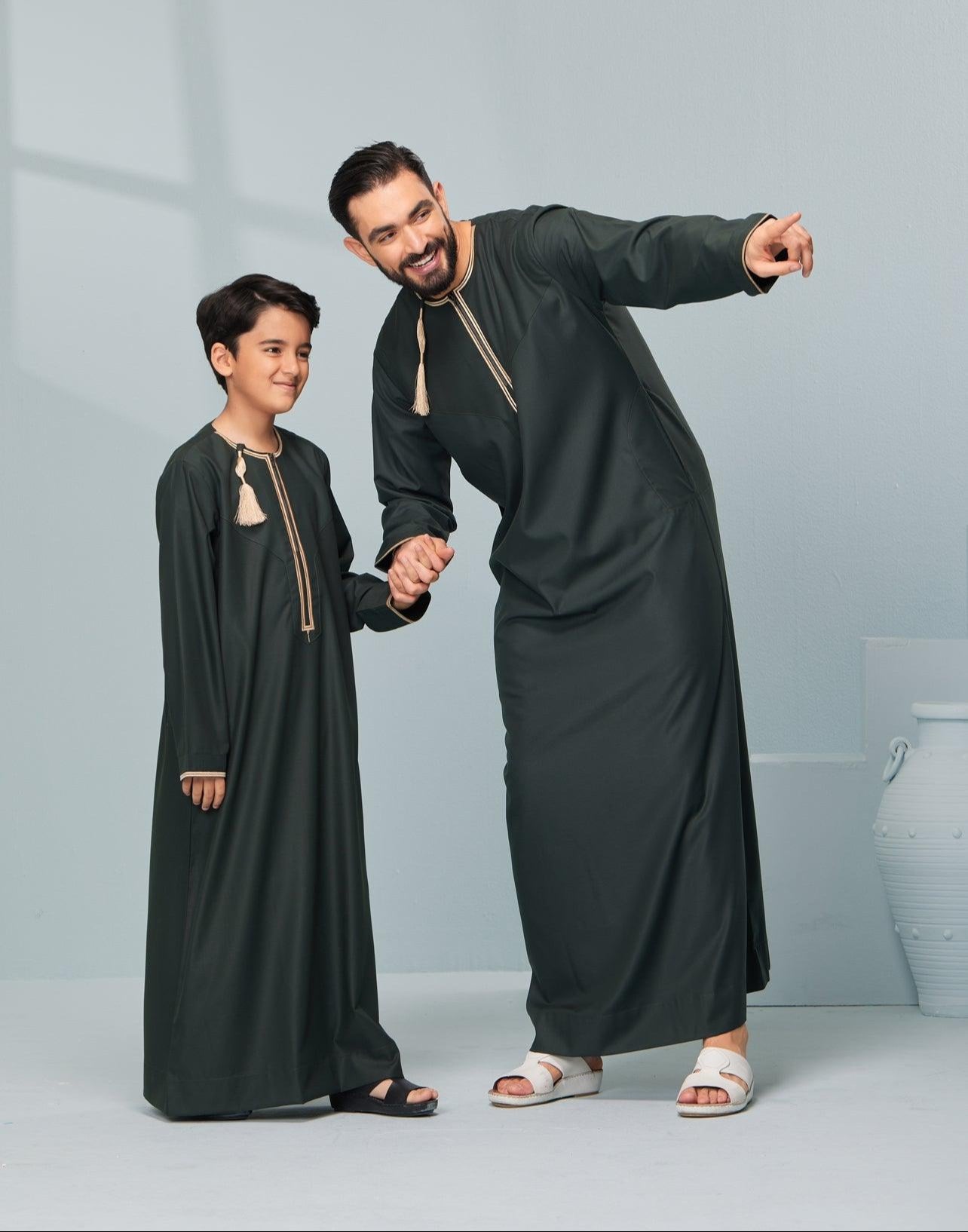 Kids Embroidered Green Thobe with Gold Tassel Ages 3-13 boys thobes