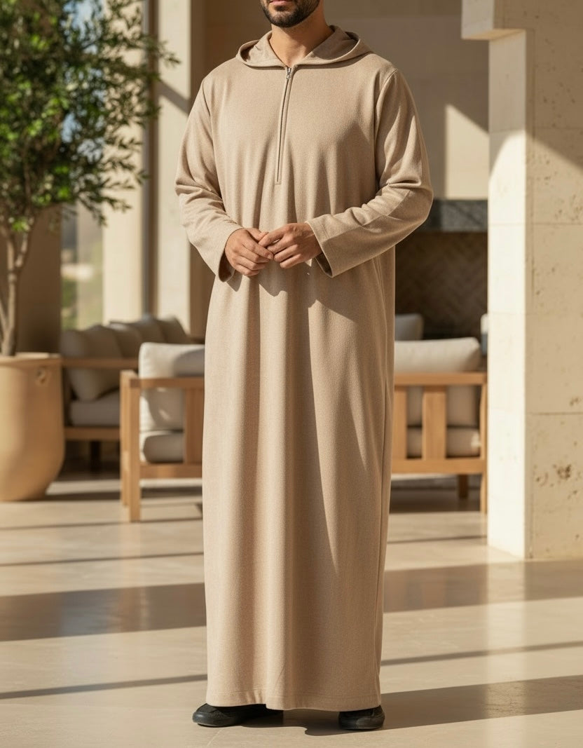 Premium Hooded Suede Thobe Sand