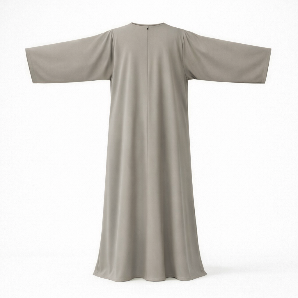 grey Long closed abaya dress on a white background