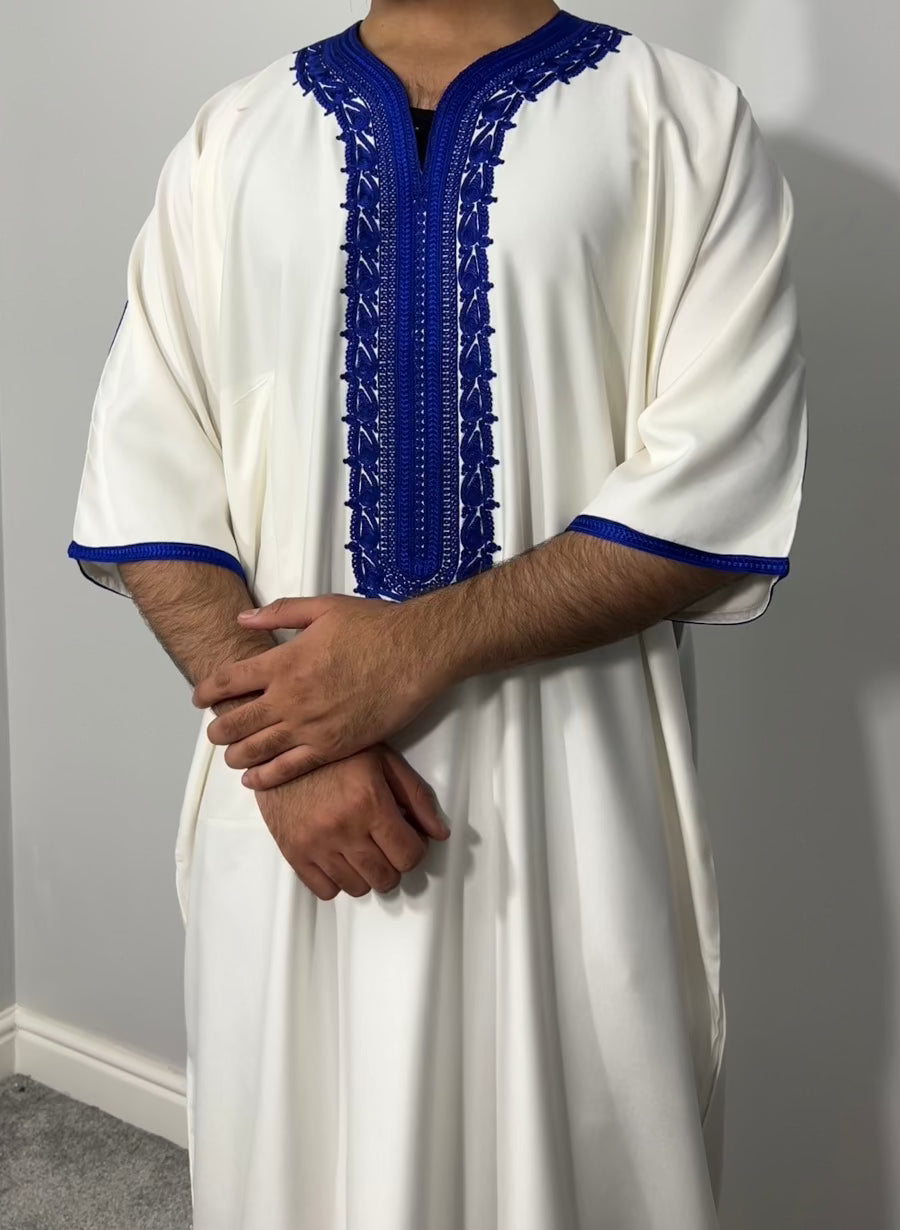moroccan thobe, Men's Moroccan Thobe in White and Blue, Othman Thobe