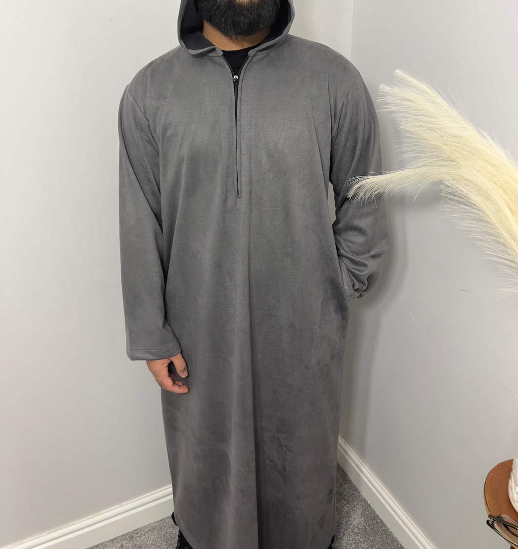 hooded and long sleeve thobe in suede material in grey colour worn by man