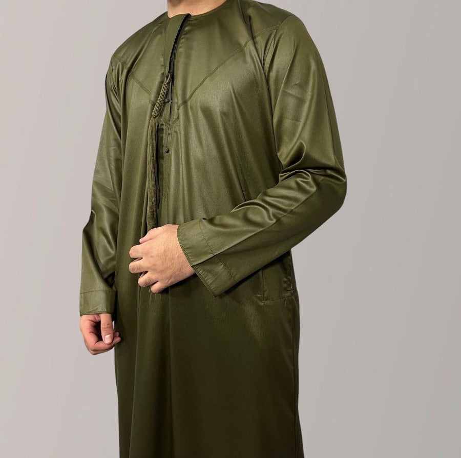 Shiny Emirati Thobe in khaki olive