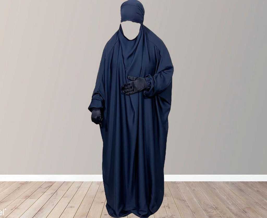 Navy Jilbab with niqab, one piece jilbab for Muslim women modest Islamic dresses, abaya with niqab set, long jilbab dress with face cover, comfortable loose fitting.