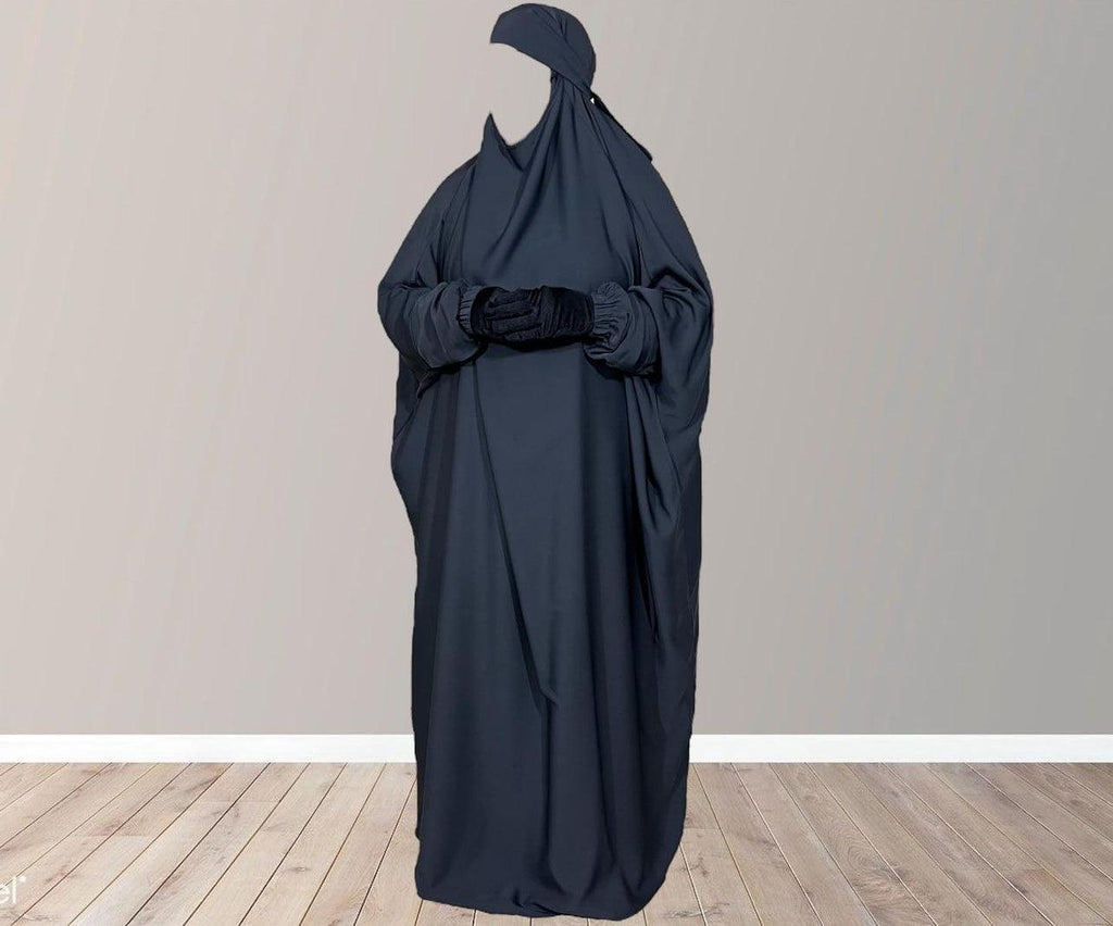 Grey Jilbab with niqab, one piece jilbab for Muslim women modest Islamic dresses, abaya with niqab set, long jilbab dress with face cover, comfortable loose fitting.
