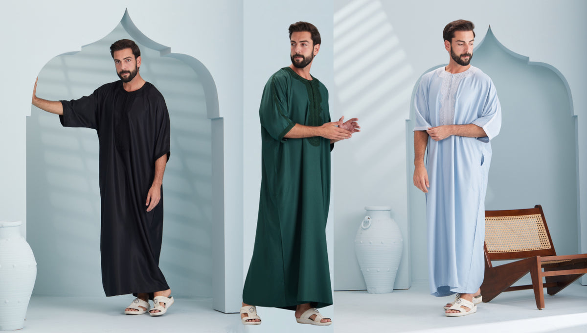 moroccan thobes for men, black, green and blue